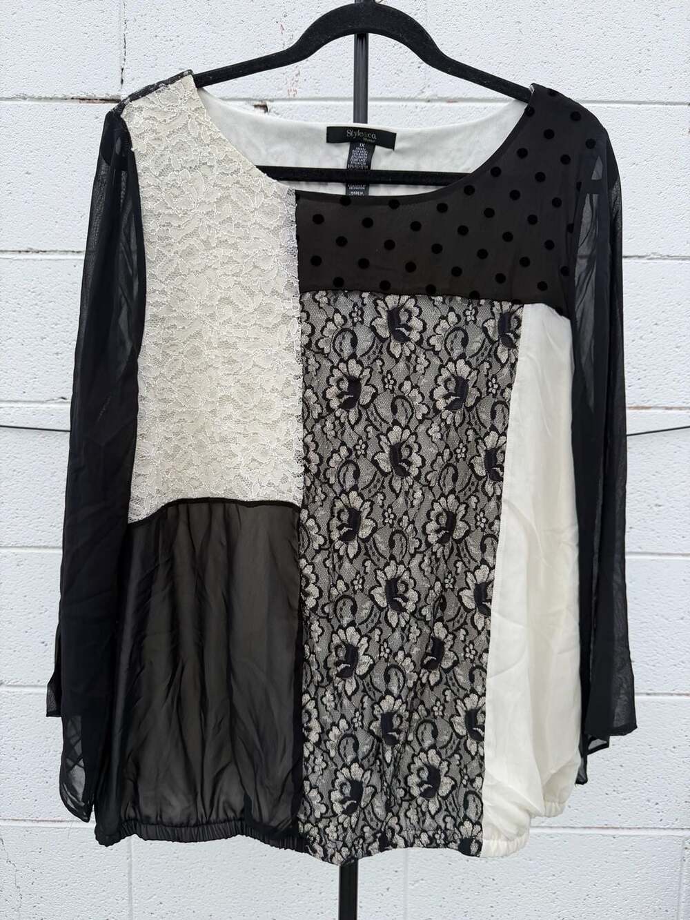 Style & Co Top Size 1X Black White Patchwork Lace Chiffon